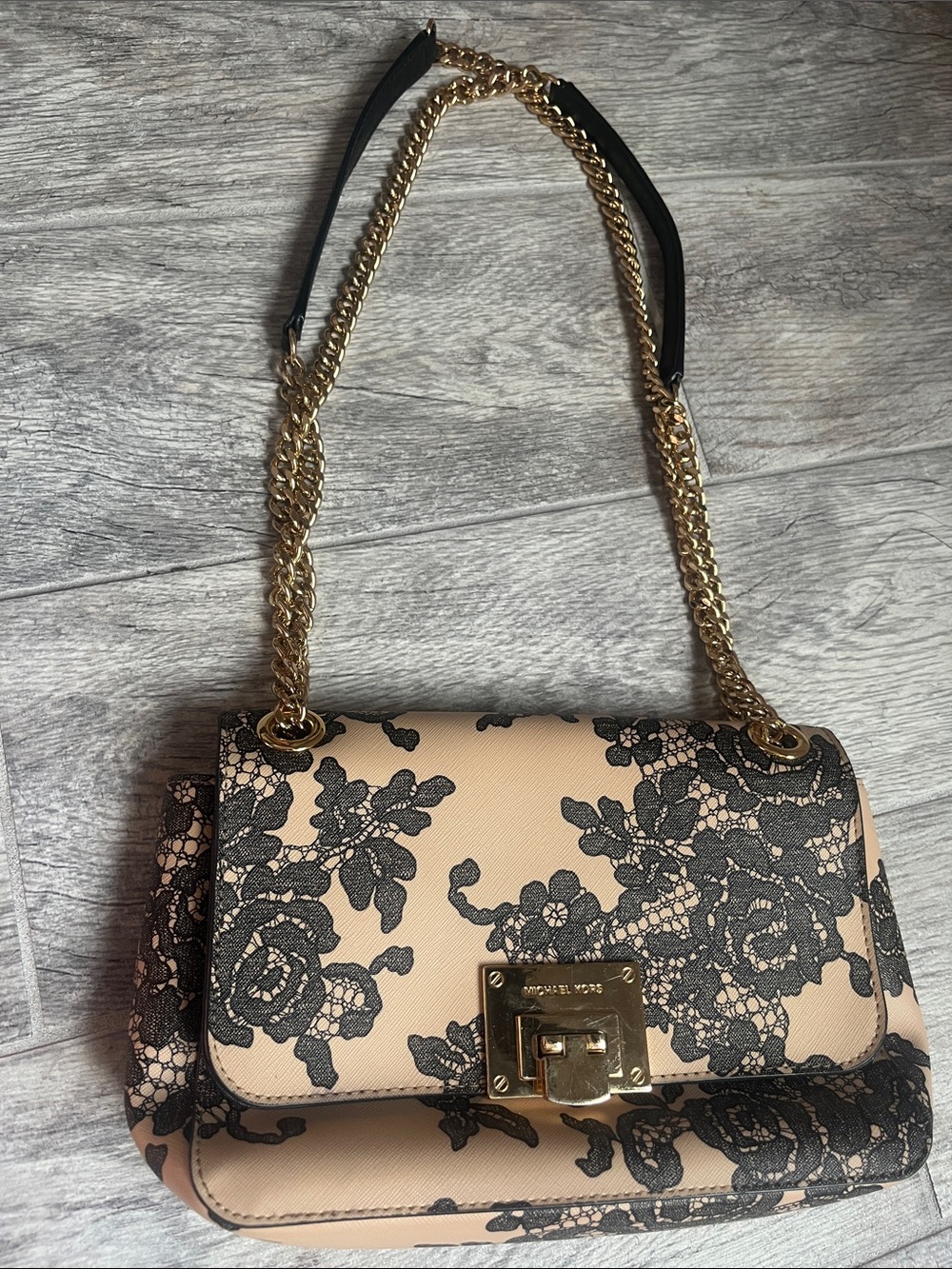 Michael Kors Beige Shoulder Bag with Black Lace Print & Gold Chain Hardware